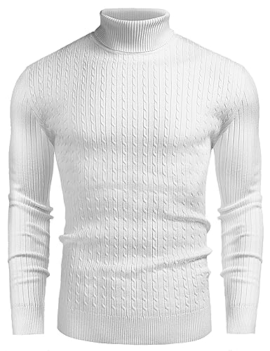 COOFANDY Rollkargenpullover Herren Winter Warm Feinstrick Pullover Elegant Einfarbig Pulli Weiß L von COOFANDY