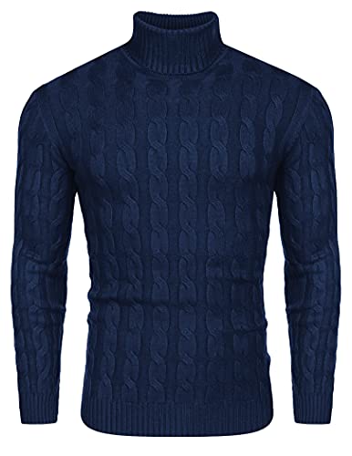 COOFANDY Rollkragen Pullover Herren Basic Strickpullover Rollkragenshirt Langarm Stcikpullover Feinstrick Sweater Zopfmuster Männer Pullover Marine Blau XXL von COOFANDY