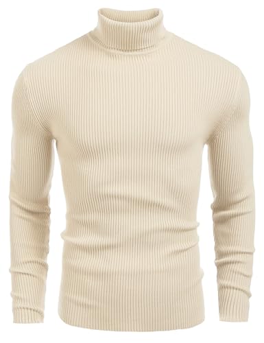 COOFANDY Rollkragenpullover Herren Baumwolle Feinstrick Strickpullover Langarm Regular Fit Rollkragen Pulli Beige 3XL von COOFANDY