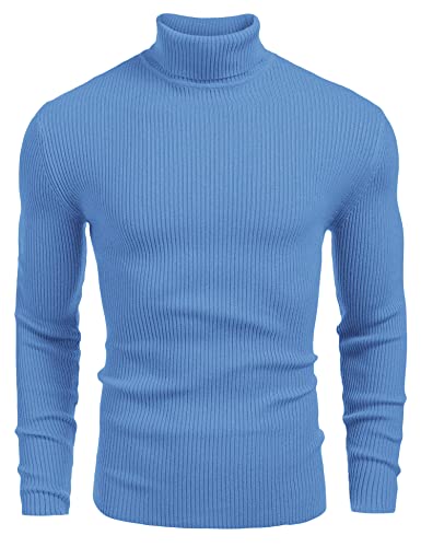 COOFANDY Rollkragenpullover Herren Baumwolle Feinstrick Strickpullover Regular Fit Langarm Rollkragen Pulli Sweater Männer Kornblumenblau L von COOFANDY