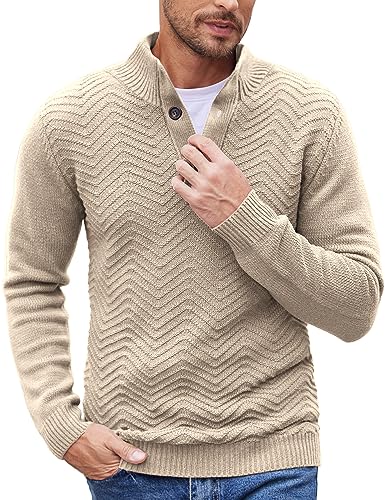 COOFANDY Rollkragenpullover Herren Henley Knopf Regular fit Strickpullover Freizeit Winter Warmer Pullover Männer Khaki S von COOFANDY