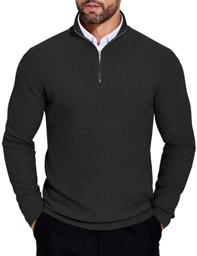 COOFANDY Rollkragenpullover Herren Longsleeve Winter Strickpullover Warm Norweger Half Zip Pullover Business Troyer Männer Arbeitspullover Schwarz S von COOFANDY
