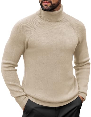 COOFANDY Rollkragenpullover Herren Pullover Turtleneck Strickpullover Stehkragenpullover Winter Rollkragenpulli Arbeitspullover Slim Fit Warm Langarmshirt Khaki S von COOFANDY