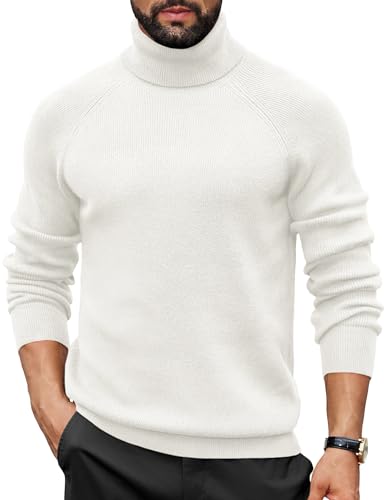 COOFANDY Rollkragenpullover Herren Pullover Turtleneck Strickpullover Stehkragenpullover Winter Rollkragenpulli Arbeitspullover Slim Fit Warm Langarmshirt Weiß XL von COOFANDY