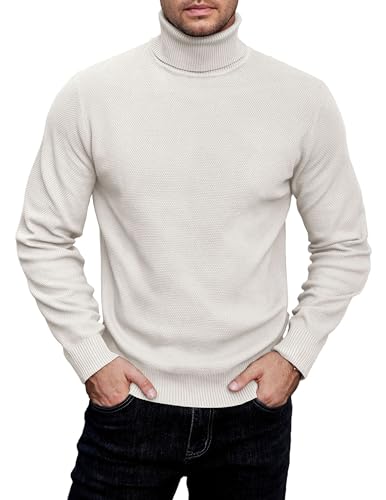 COOFANDY Rollkragenpullover Herren Strickpullover Langarm Winterpullover Pulli Stehkragen Pullover Regular Fit Sweater Business Weiß L von COOFANDY