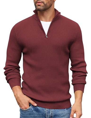 COOFANDY Rollkragenpullover Herren Troyer Half Zip Pullover Strickpullover Regular fit Strickpulli Arbeitspullover Rollkragenpulli Grobstrick Pullover Kastanienrot L von COOFANDY