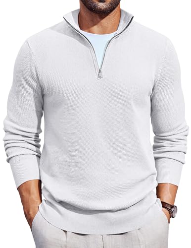 COOFANDY Rollkragenpullover Herren Troyer Pullover mit Reißverschluss Business Pullover 1/4 Zip Troyer Stehkragen Pulli Weiß XL von COOFANDY