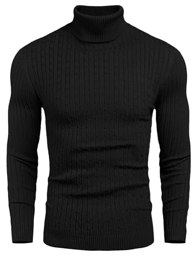 COOFANDY Rollkragenpullover Herren Turtleneck Pullover Warmer Strickpullover mit Zopfmuster Schwarz 3XL von COOFANDY