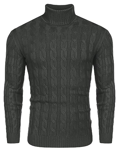 COOFANDY Rollkragenpullover Herren Winter Pullover Strickpullover Basic Slim Fit Turtleneck Langarmshirt Sweatshirt Zopfmuster Dunkelgrau M von COOFANDY