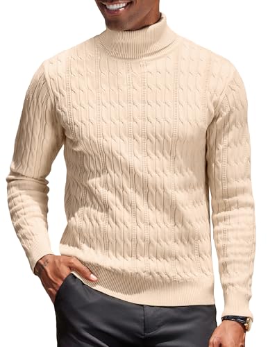 COOFANDY Rollkragenpullover Herren Zopfmuster Strickpullover Turtleneck Herren Rollkragenpulli Slim Fit Feinstrick Rollkragenshirt Winterpullover Business Pullover Beige M von COOFANDY