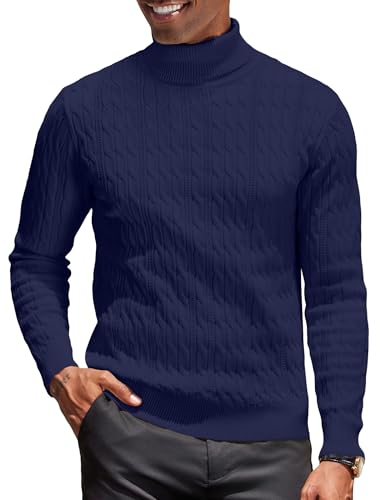 COOFANDY Rollkragenpullover Herren Zopfmuster Strickpullover Turtleneck Herren Rollkragenpulli Slim Fit Feinstrick Rollkragenshirt Winterpullover Business Pullover Blau-Violett L von COOFANDY