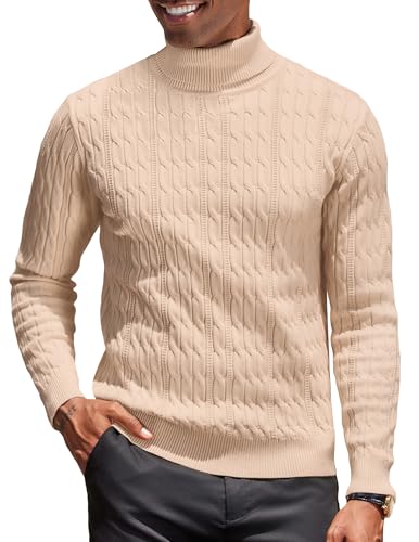 COOFANDY Rollkragenpullover Herren Zopfmuster Strickpullover Turtleneck Herren Rollkragenpulli Slim Fit Feinstrick Rollkragenshirt Winterpullover Business Pullover Hell Khaki L von COOFANDY