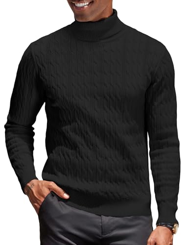 COOFANDY Rollkragenpullover Herren Zopfmuster Strickpullover Turtleneck Herren Rollkragenpulli Slim Fit Feinstrick Rollkragenshirt Winterpullover Business Pullover Schwarz L von COOFANDY