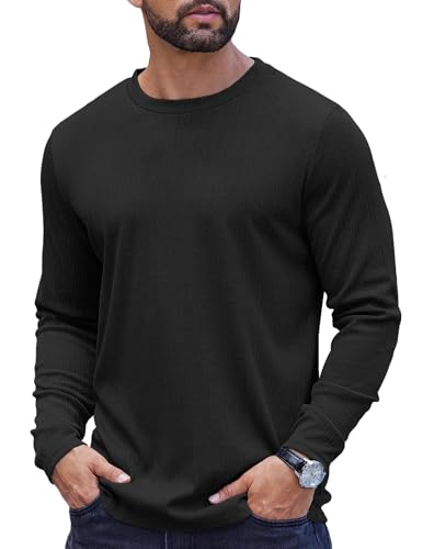 COOFANDY Rundhalsausschnitt Pullover Herren Langen Ärmeln Wellenstreifen T-Shirt Casual Freizeit Langarmshirt Basic Männer Pullover Schwarz M von COOFANDY