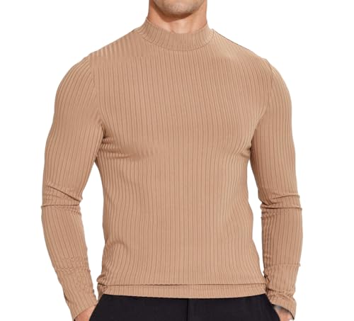 COOFANDY Shirt für Herren Langarm Shirts Halbes Rollkragenshirts Stehkragen Unterhemd Männer Thermooberteile Leicht Shirts Warm Sweatshirts Braun XXL von COOFANDY