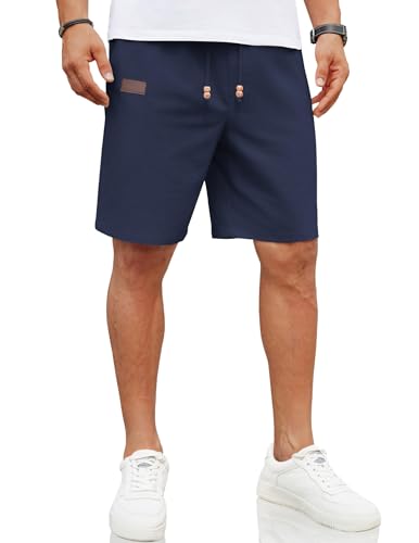 COOFANDY Shorts Herren Kurze Hosen mit Tunnelzug Leinen Shorts Leinenhose Regular Fit Sommerhose Strandshorts Urlaubshose Navy Blau 3XL von COOFANDY
