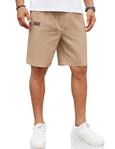 COOFANDY Shorts Herren Leinen Kurze Hosen Leinenhose Elastische Taille Leinenshorts Casual Leinen Hose Sommerhose Urlaubshose Strandshorts Regular Fit Khaki 3XL von COOFANDY