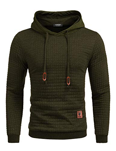 COOFANDY Herren Kapuzenpullover Hipster Gym Langarm Arbeitspullover Kordelzug Karierten Jacquard Pullover Hoodies Armeegrün M von COOFANDY