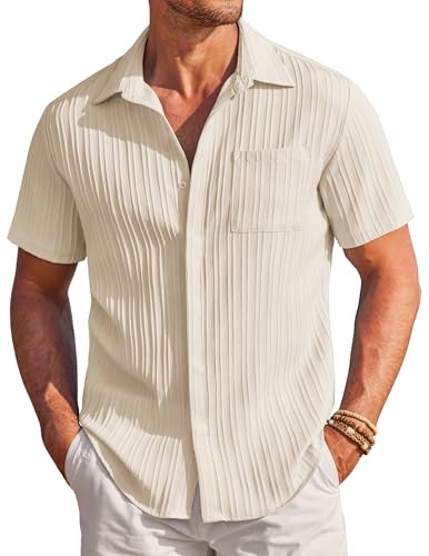 COOFANDY Sommer Hemden Herren Kurzarmhemd Sommerhemd Bügelfrei Urlaubshmd Strandhemd Textured Freizeithemd Kurzarm Hawaii Hemd Beige XL von COOFANDY