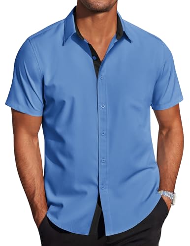COOFANDY Sommerhemd Herren Hemd Kurzarm Freizeithemd Bügelfreies Sommer Businesshemd Leicht Herrenhemd Kurzarm Regular Fit Kurzarmhemd Büro Lässiges Hemd Arbeitshemd Blau L von COOFANDY