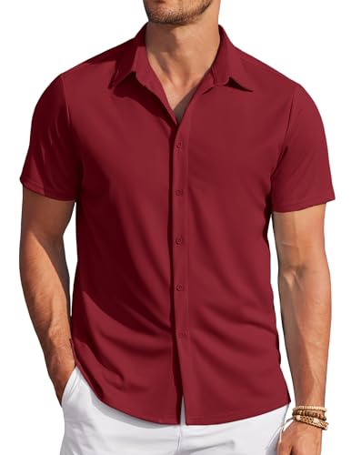 COOFANDY Sommerhemd Herren Kurzarm Bügelfrei Casual Regular Fit Freizeithemden Für Herren Urlaub Strand Shirt Rotwein M von COOFANDY