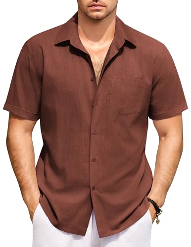 COOFANDY Sommerhemd Herren Hemd Kurzarm Freizeithemd Leichtes Leinenhemd Baumwoll Kurzarmhemd Regular Fit Strand Hemd mit Brusttasche Herrenhemden Kurzarm Braun S von COOFANDY