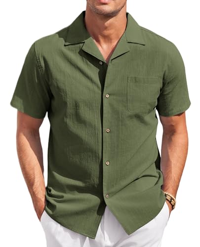 COOFANDY Sommerhemd Herren Kurzarm Leinenhemd Regular Fit Freizeithemd Button Down Casual Strandhemd Baumwolle Armeegrün L von COOFANDY