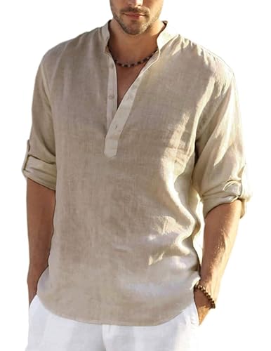 COOFANDY Sommerhemd Herren Langarm Henley Leinenhemd Stehkragen Freizeithemd Regular Fit Leinen Shirts Khaki XL von COOFANDY