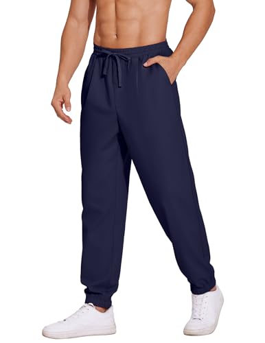 COOFANDY Herren Hose Lange Leinenhose Leicht Sommerhose mit Gummizug Strandhose Herren Freizeithose Loose Fit Navyblau M von COOFANDY