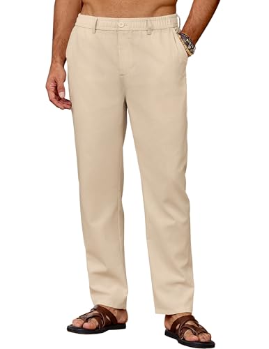 COOFANDY Sommerhose Herren Leicht Leinenhose Einfarbig Freizeithose Leinen Hose Regular Fit Strandhose Herren-Hosen Lang Schlupfhose mit Taschen Sommer Dünne Hosen Helles Khaki 2XL von COOFANDY