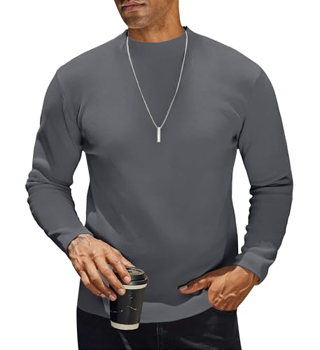 COOFANDY Stehkragen T-Shirts für Herren Langarm Strick Halb Kragen Langarmshirt Einfarbig Winter Thermoshirt Freizeit Pullover Männer Grau S von COOFANDY