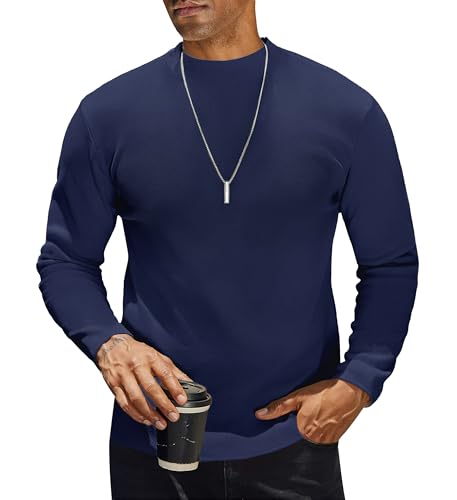 COOFANDY Stehkragen T-Shirts für Herren Langarm Strick Halb Kragen Langarmshirt Einfarbig Winter Thermoshirt Freizeit Pullover Männer Marineblau XL von COOFANDY