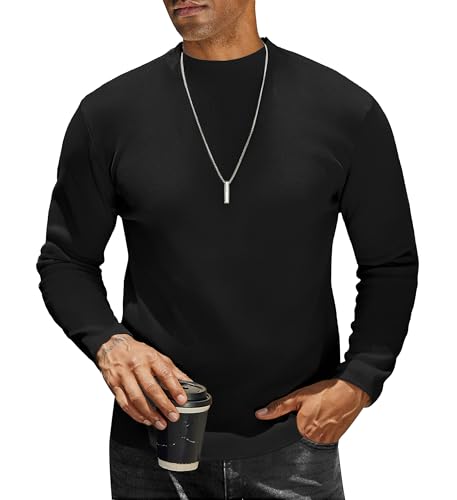 COOFANDY Stehkragen T-Shirts für Herren Langarm Strick Halb Kragen Langarmshirt Einfarbig Winter Thermoshirt Freizeit Pullover Männer Schwarz XL von COOFANDY