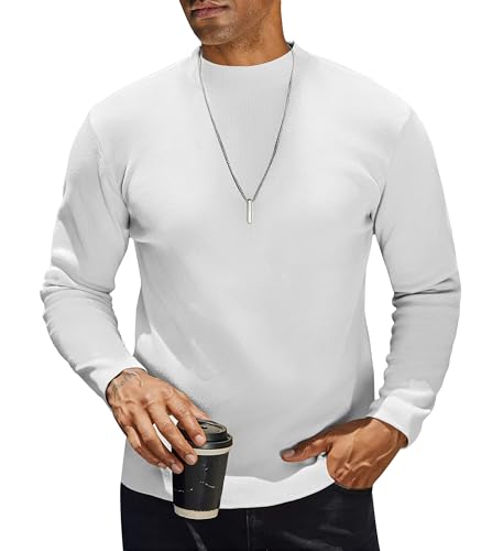 COOFANDY Stehkragen T-Shirts für Herren Langarm Strick Halb Kragen Langarmshirt Einfarbig Winter Thermoshirt Freizeit Pullover Männer Weiß XXL von COOFANDY