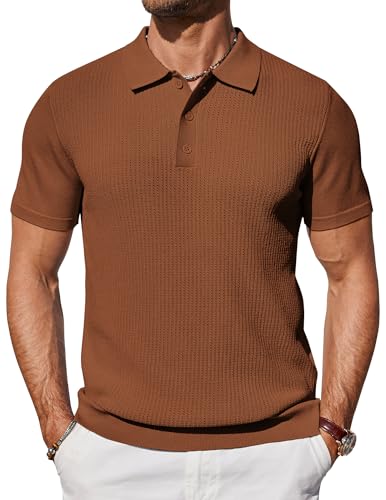COOFANDY Strick Poloshirt Herren Kurzarm Leicht Sommer Business Polo Herren T-Shirt Golf Polohemden Braun XXL von COOFANDY
