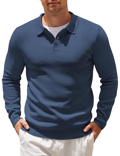 COOFANDY Strick Poloshirt Herren Langarm Strickpullover Regular fit Pulli Polo Pullover Einfarbig Winter Business Pullover Button Down Polohemd Dunkelblau XXL von COOFANDY