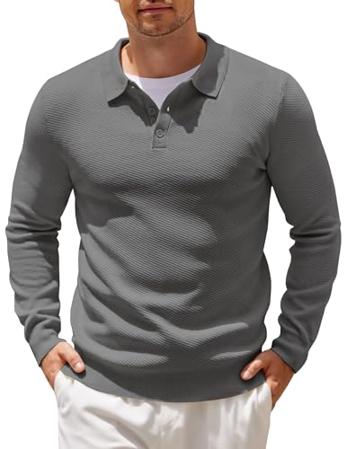 COOFANDY Strick Poloshirt Herren Langarm Strickpullover Regular fit Pulli Polo Pullover Einfarbig Winter Business Pullover Button Down Polohemd Mittelgrau XL von COOFANDY