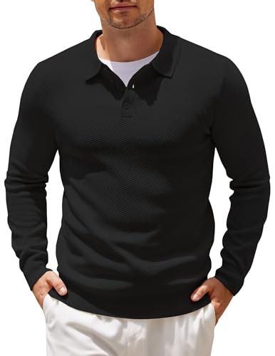 COOFANDY Strick Poloshirt Herren Langarm Strickpullover Regular fit Pulli Polo Pullover Einfarbig Winter Business Pullover Button Down Polohemd Schwarz L von COOFANDY