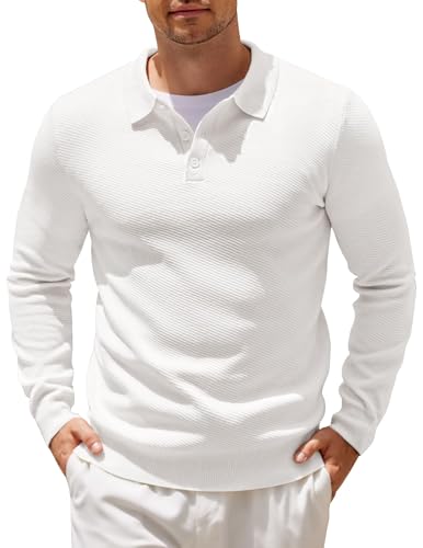 COOFANDY Strick Poloshirt Herren Langarm Strickpullover Regular fit Pulli Polo Pullover Einfarbig Winter Business Pullover Button Down Polohemd Weiß XXXL von COOFANDY