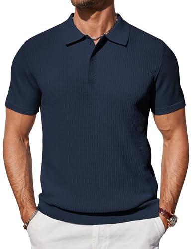 COOFANDY Herren Poloshirt Kurzarm Sommer Strick Poloshirts für Herren Golf Casual Tshirt Stretch Dunkelblau 3XL von COOFANDY