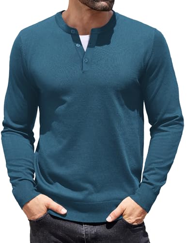 COOFANDY Strick Pullover Langarm Herren Einfarbig Basic Knopfleiste Pulli Sweater für Männer Freizeit Langarmshirt Blau XXL von COOFANDY