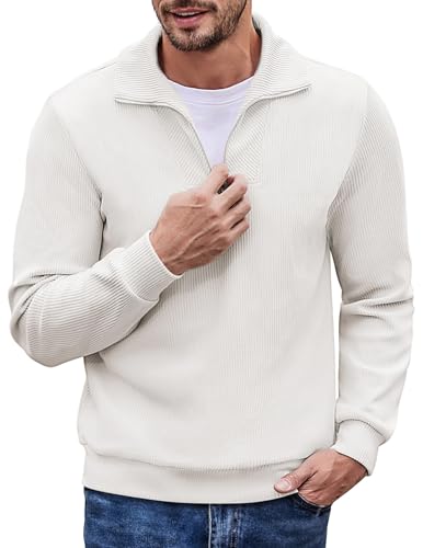 COOFANDY Strickpullover Herren 1/4 Zip Pulli Outdoor Winter Pullover Herren Ohne Kapuze Pulli Weiß M von COOFANDY