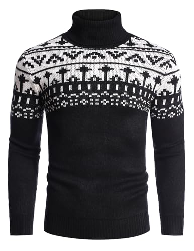 COOFANDY Strickpullover Herren Hässlich Weihnachten Rollkragenpullover Strick Norweger Pullover Schwarz M von COOFANDY