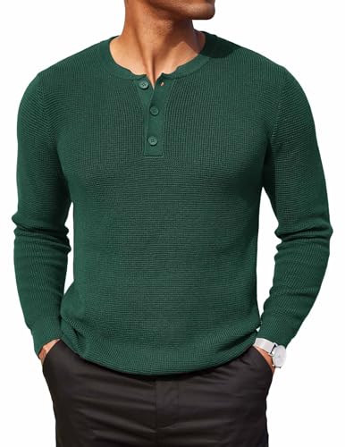COOFANDY Herren Henley Pullover Strickpullover Winterpullover mit Knöpfe Sweater Grobstrickpullover Waffel Pulli Seegrün L von COOFANDY
