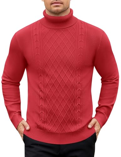 COOFANDY Strickpullover Herren Pullover Rollkragen Pulli Turtleneck Pullover Zopfmuster Rollkragenpullover Dünn Sweaters Rot L COOFANDY Strickpullover Herren Pullover Rollkragen Pulli Turtleneck Pullover Zopfmuster Rollkragenpullover Dünn Sweaters Rot L von COOFANDY