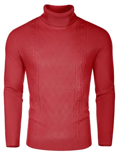 COOFANDY Strickpullover Herren Pullover Rollkragen Pulli Turtleneck Pullover Zopfmuster Rollkragenpullover Dünn Sweaters Rot L von COOFANDY