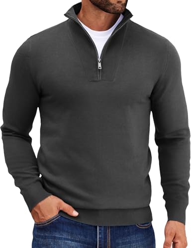 COOFANDY Strickpullover Herren Reissverschluss 1/4 Zip Rollkragen Troyer Turtleneck Pulli Basic Winter Sweater Dunkelgrau M von COOFANDY