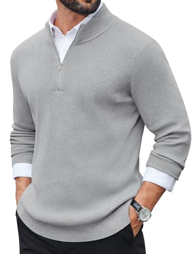 COOFANDY Strickpullover Herren Rollkragenpullover Zip Pullover Langarm Pulli Winterpullover Feinstrick Sweater Stehkragen Pullover für Männer Hellgrau L von COOFANDY