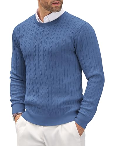 COOFANDY Strickpullover Herren Rundhals Kragen Pullover Zopfmuster Feinstrickpullover Blau XXL von COOFANDY