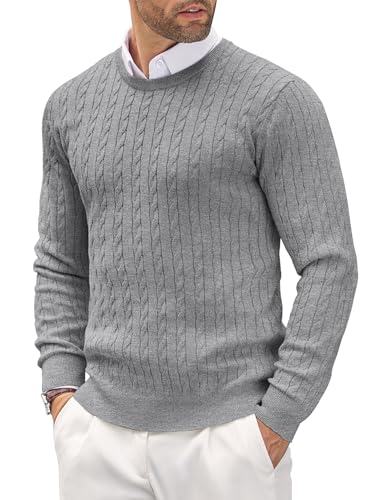 COOFANDY Strickpullover Herren Slim fit Zopfmuster Winterpullover Rundhals Kragen Feinstrickpullover Grau XXL von COOFANDY